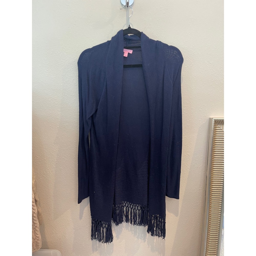 Lilly Pulitzer Navy Blue Fringe Hem Open Front Shawl Collar Cardigan Sweater S - Picture 1 of 3
